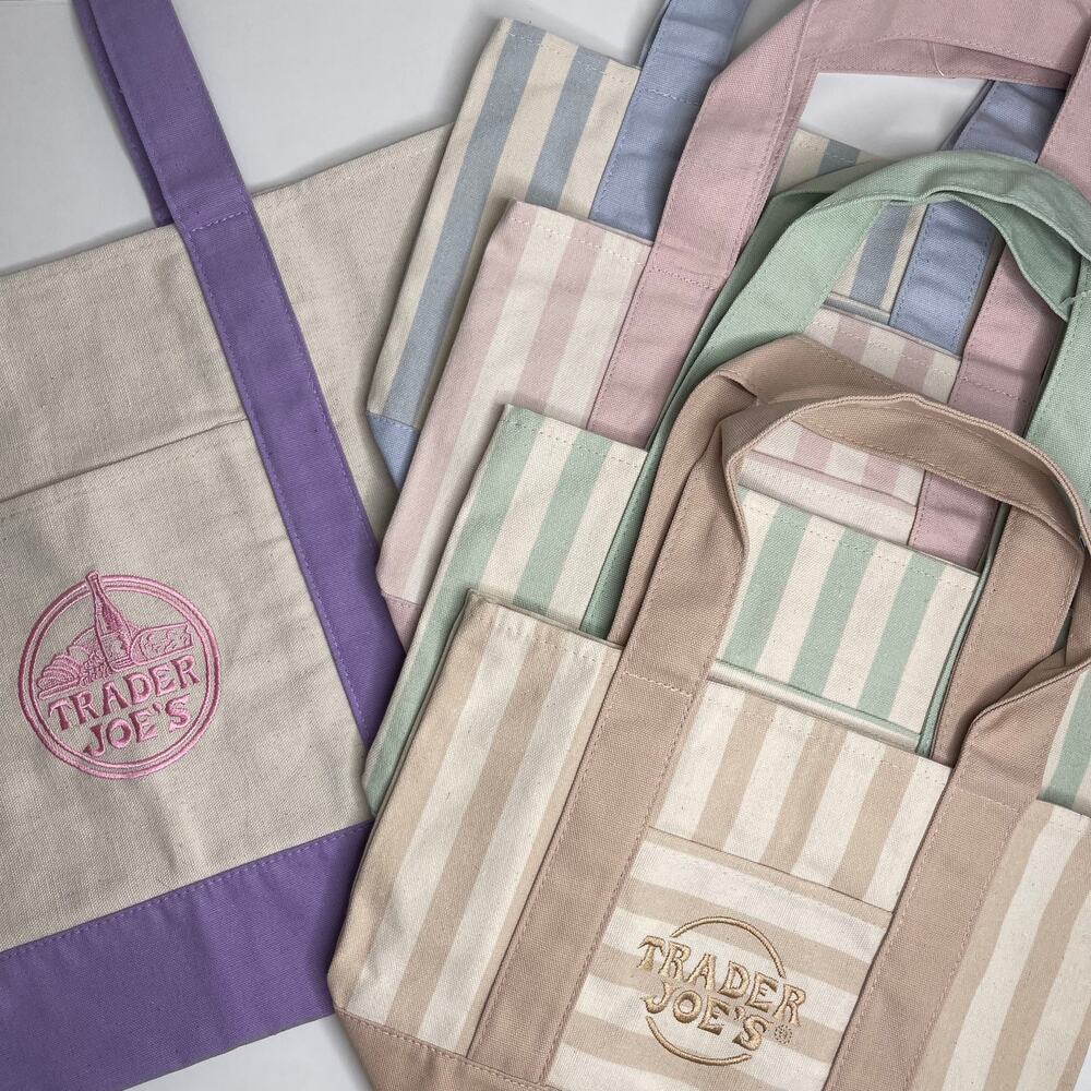 Set of 5 — Trader Joe’s Canvas Tote Bags Large Size PURPLE + Mini PASTEL STRIPES